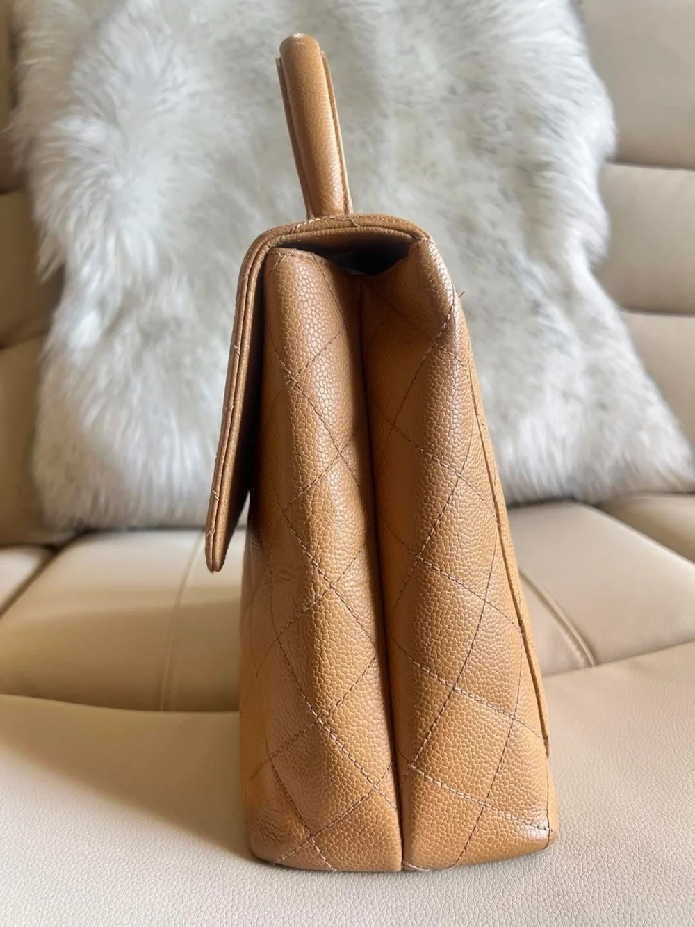 CHANEL Kelly Top Handle Bag Camel Caviar Leather